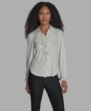 BCBG Women's Button Down Ruffle Front Blouse Ivory Size L 3588
